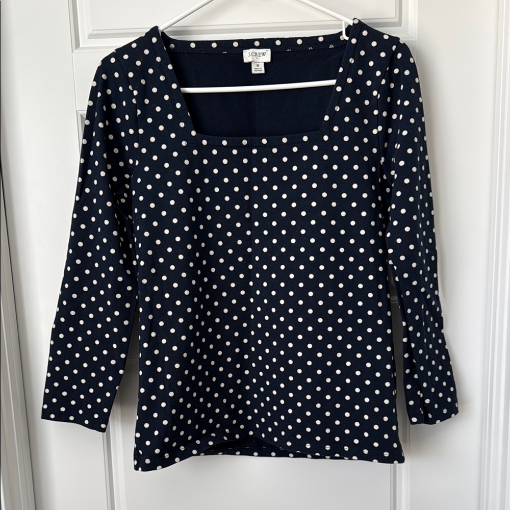 J. Crew Navy White Polka Dot Square-Neck Long Sleeve Top